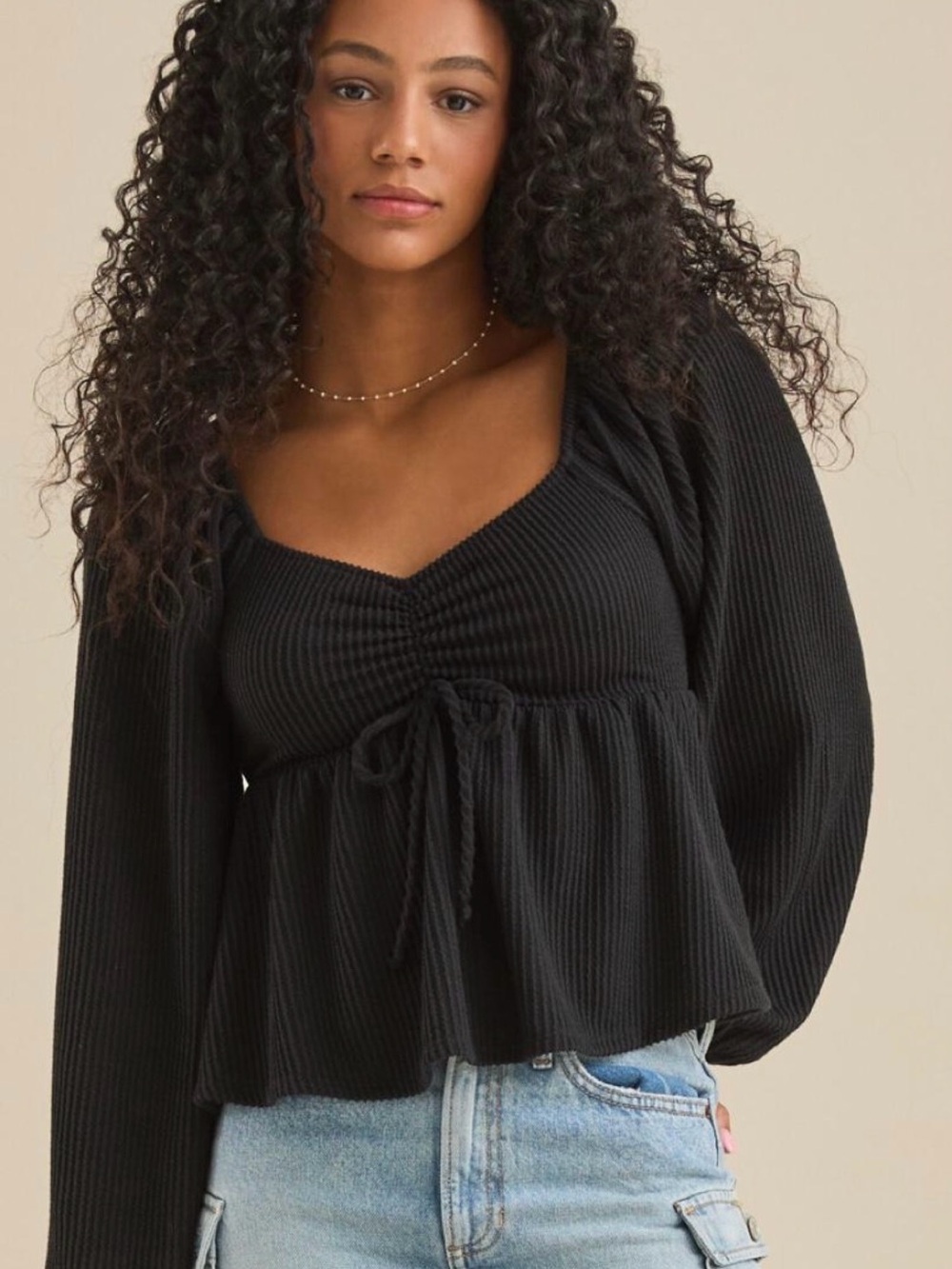 Altar’d State Molly Long Sleeve Babydoll Top in Black - size Large
